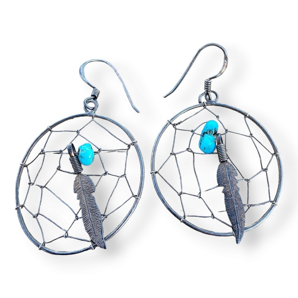 Vintage Earrings Sterling Silver Turquoise‎ Southwestern Dream Catcher Feather